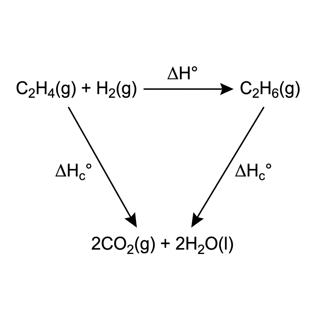 A Hess cycle for hydrogenation of ethene to ethane. Ethene plus hydrogen appear at the top left, ethane at the top right, and common combustion products carbon dioxide and liquid water at the bottom. Arrows from both top positions point down to the common products and the top arrow is the hydrogenation reaction. Enthalpy labels are symbols only.