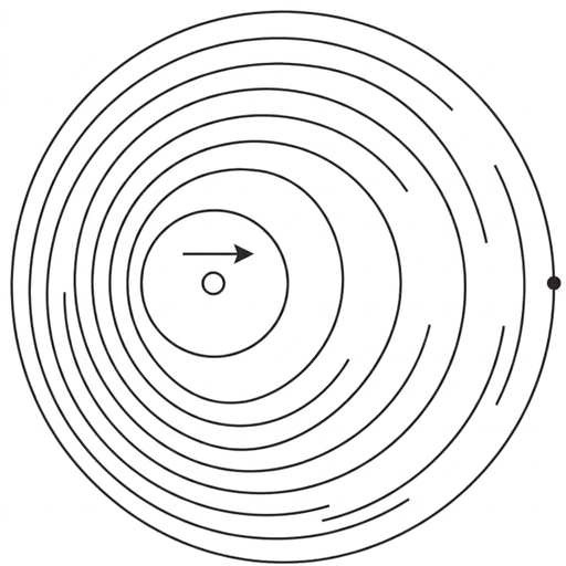 A point source with a rightward motion arrow. Several circular wavefronts have centres arranged so the wavefront spacing is closer on the left side of the source and wider on the right. A small observer marker is to the right.