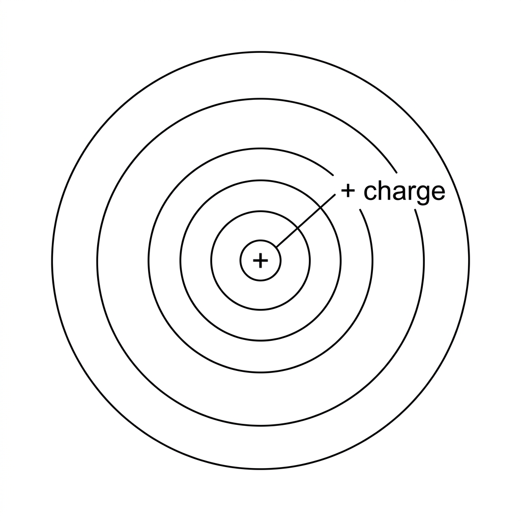 Positive point charge with several concentric equipotential circles shown in two dimensions; circles should have unequal spacing increasing outward but no numerical potentials.
