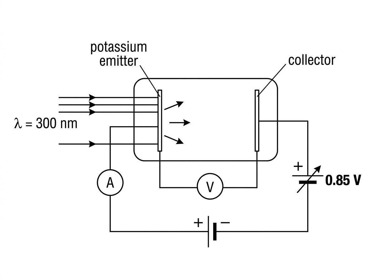A simple photoelectric cell circuit showing monochromatic light incident on a metal emitter, a collector electrode, a variable opposing potential difference, a voltmeter labelled V and an ammeter labelled A. The polarity is such that the collector repels photoelectrons when the stopping potential is applied.