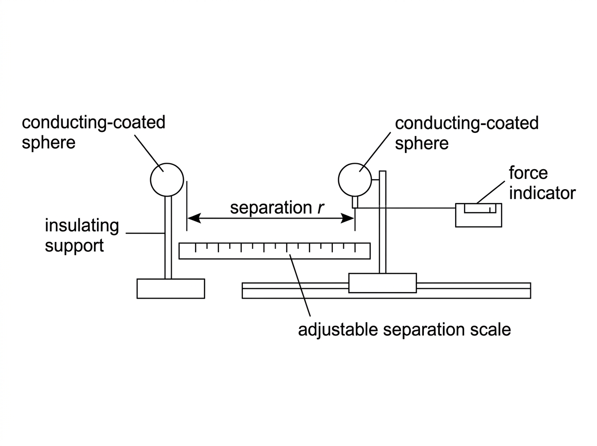 Apparatus diagram showing two small conducting-coated spheres on insulating supports, adjustable separation scale, and a force indicator or balance; no numerical data.