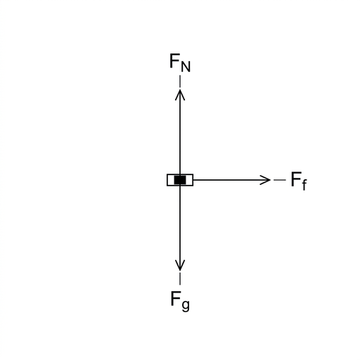 A simple free-body diagram of a car represented by a dot or small rectangle on a plain background. Show a vertical arrow downward labelled $F_g$, a vertical arrow upward labelled $F_N$, and a horizontal arrow to the right labelled $F_f$. The horizontal arrow is parallel to the road surface and points away from the stated centre of the circular path.