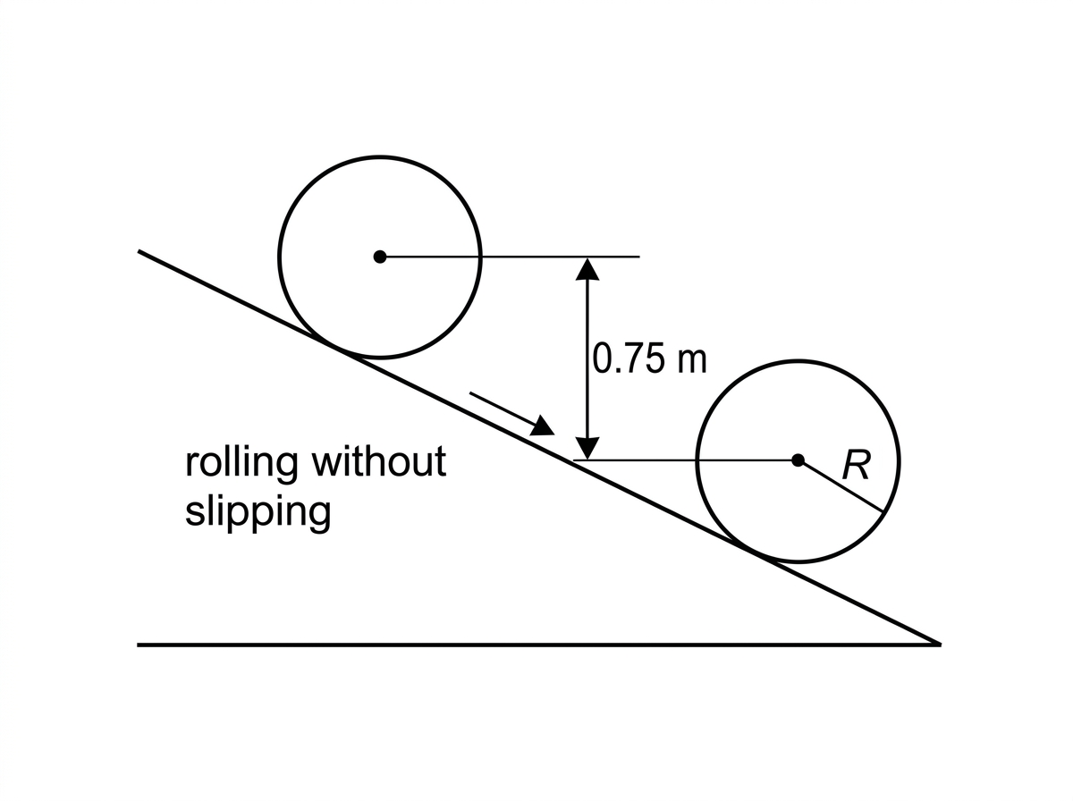 A side-view diagram of a solid cylinder rolling down an inclined plane. The cylinder is shown at an upper position and a lower position. The vertical drop of the centre of mass is labelled $0.75\ \text{m}$. The cylinder radius is indicated by a short line from centre to rim labelled $R$. The condition rolling without slipping is stated on the diagram. No final speed is shown.