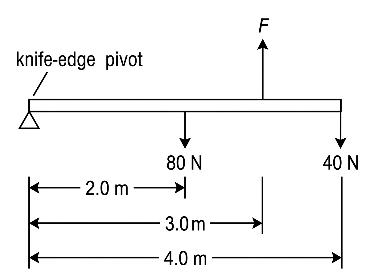 A simple side-view diagram of a horizontal uniform beam pivoted at its left end. The beam has a downward weight arrow at its centre, a downward applied-force arrow at the right end, and an upward force arrow at a point between the centre and right end. The pivot is clearly marked, and distances along the beam are indicated symbolically without giving the answer.