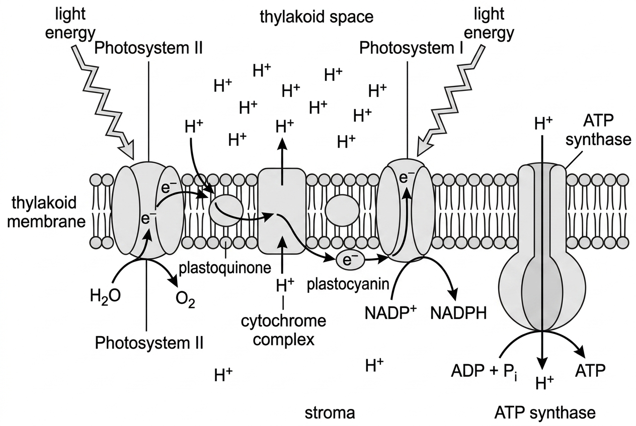 A labelled cross-section of a thylakoid membrane separating the thylakoid space from the stroma. Photosystem II, photosystem I, electron carriers and ATP synthase are shown without naming individual protein complexes. Arrows show water splitting near photosystem II, electron movement along carriers, proton accumulation in the thylakoid space, proton movement through ATP synthase to the stroma, and reduction of NADP on the stroma side.