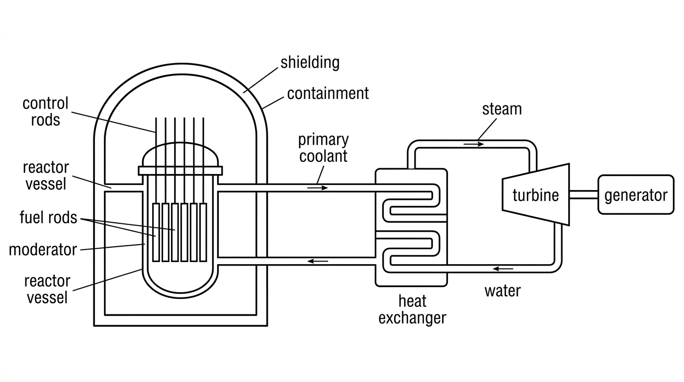 A labelled schematic of a pressurized-water reactor power station. It shows a reactor vessel containing fuel rods, moderator and control rods; a primary coolant loop passing to a heat exchanger; a separate secondary water loop producing steam that drives a turbine and generator; shielding and containment around the reactor vessel.