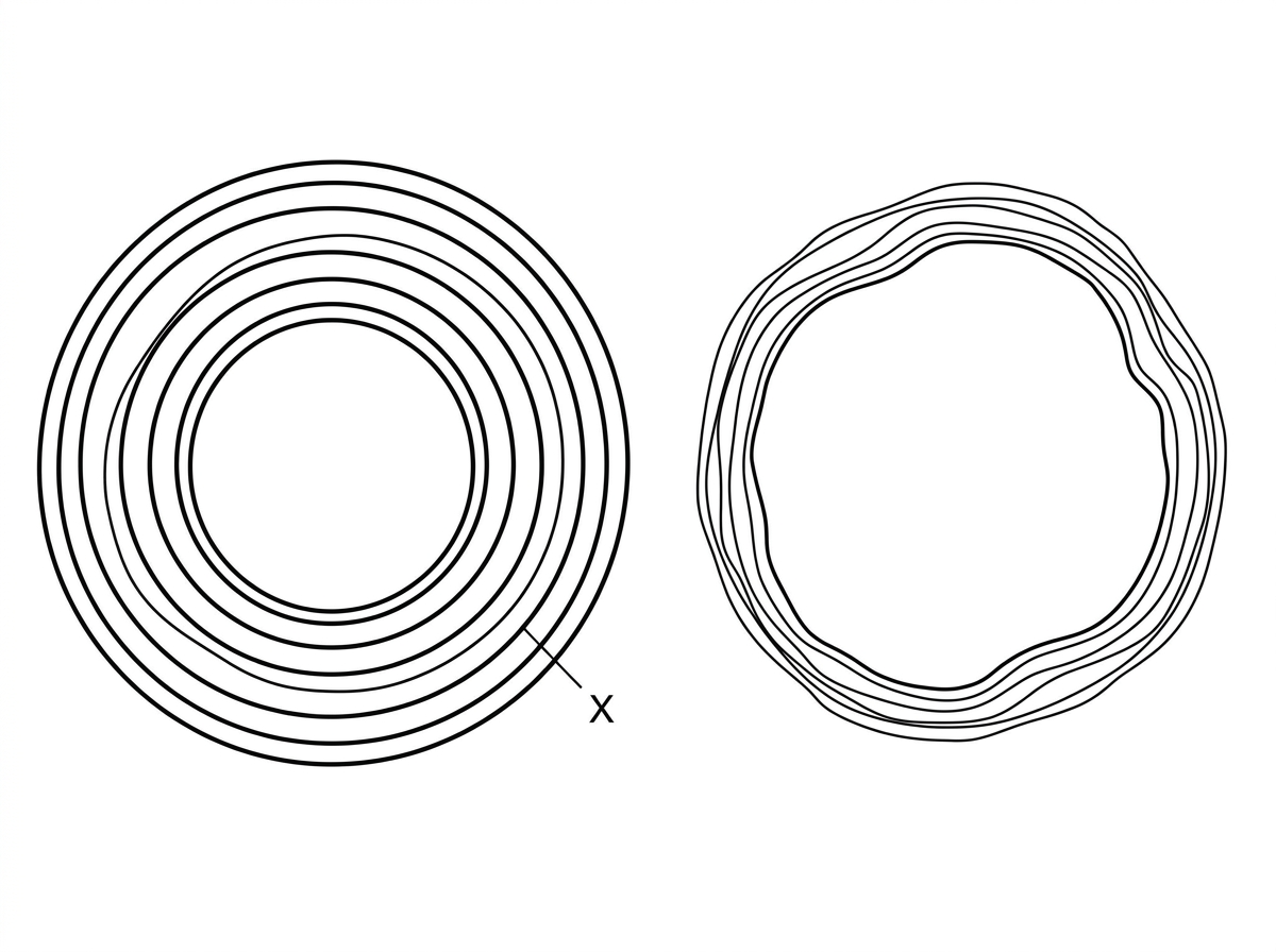 A light micrograph-style transverse section showing two adjacent blood vessels at the same magnification. One vessel has a thick, rounded wall with a relatively narrow circular lumen and visible concentric layers. The other has a thinner wall, a wider irregular or partly collapsed lumen and less obvious muscle/elastic tissue. No labels identify which vessel is an artery or a vein.