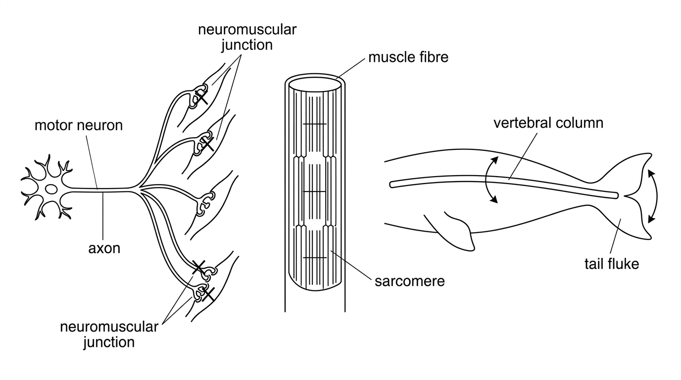A systems diagram linking levels of organization in swimming: motor neuron, neuromuscular junctions, muscle fibres, sarcomeres, vertebral column movement and tail/fluke thrust. Some neuromuscular junctions should be shown as non-functional using a simple symbol, but the diagram should not state the consequences for contraction or swimming performance.