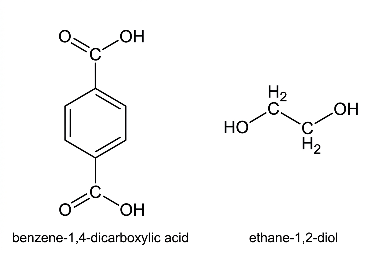 Displayed structures of benzene-1,4-dicarboxylic acid and ethane-1,2-diol, with the carboxyl groups para on the benzene ring and hydroxyl groups at both ends of ethane-1,2-diol. No polymer product is shown.