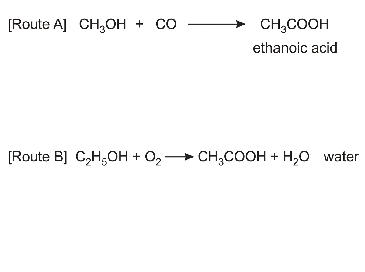 A two-path reaction scheme comparing Route A and Route B to ethanoic acid, showing reactant names/formulae and by-product formation without giving atom economy values.