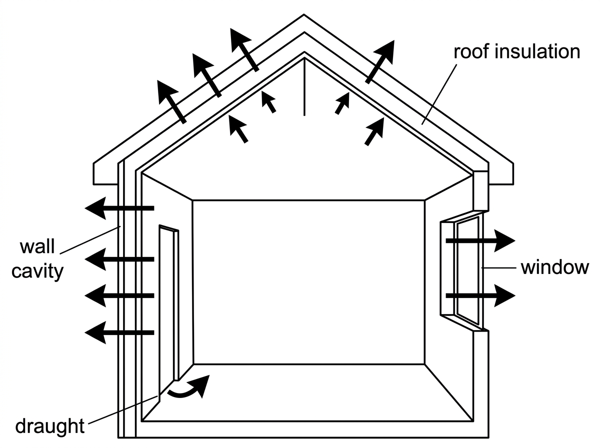 Cross-section of a house in winter with arrows indicating energy loss through roof insulation, wall cavity, windows and draughts; labels for conduction, convection and radiation are not pre-filled.
