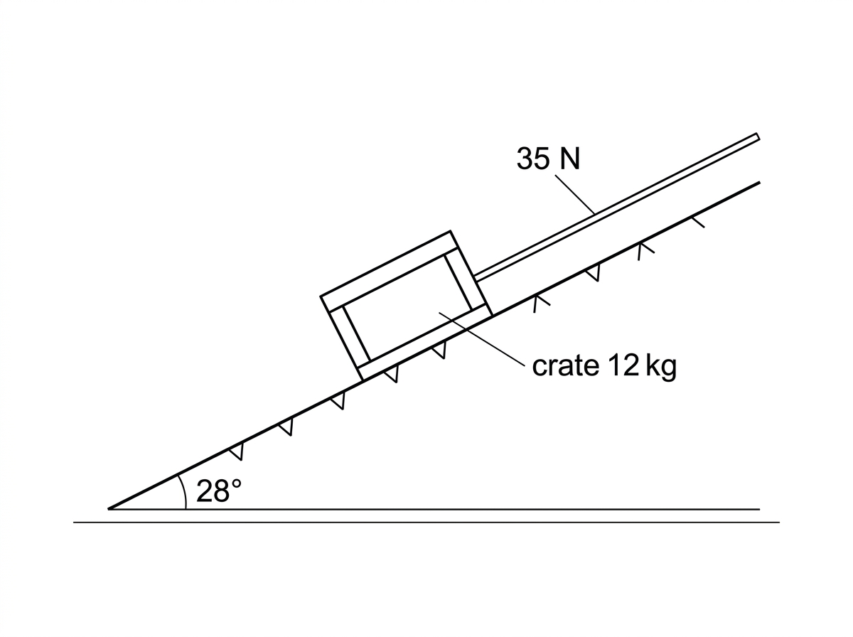 Side-view diagram of a crate on a rough inclined plane. The plane is labelled with an angle to the horizontal. A rope attached to the crate is parallel to the plane and directed up the slope. No force arrows are shown on the crate.