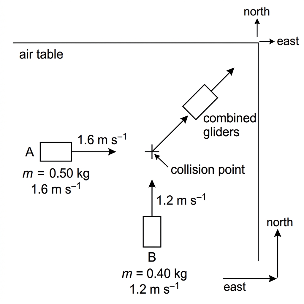 Top-view diagram of two gliders approaching a collision point at right angles, one from the west moving east and one from the south moving north. A combined glider leaves the collision point in a northeast direction. East and north axes are shown.