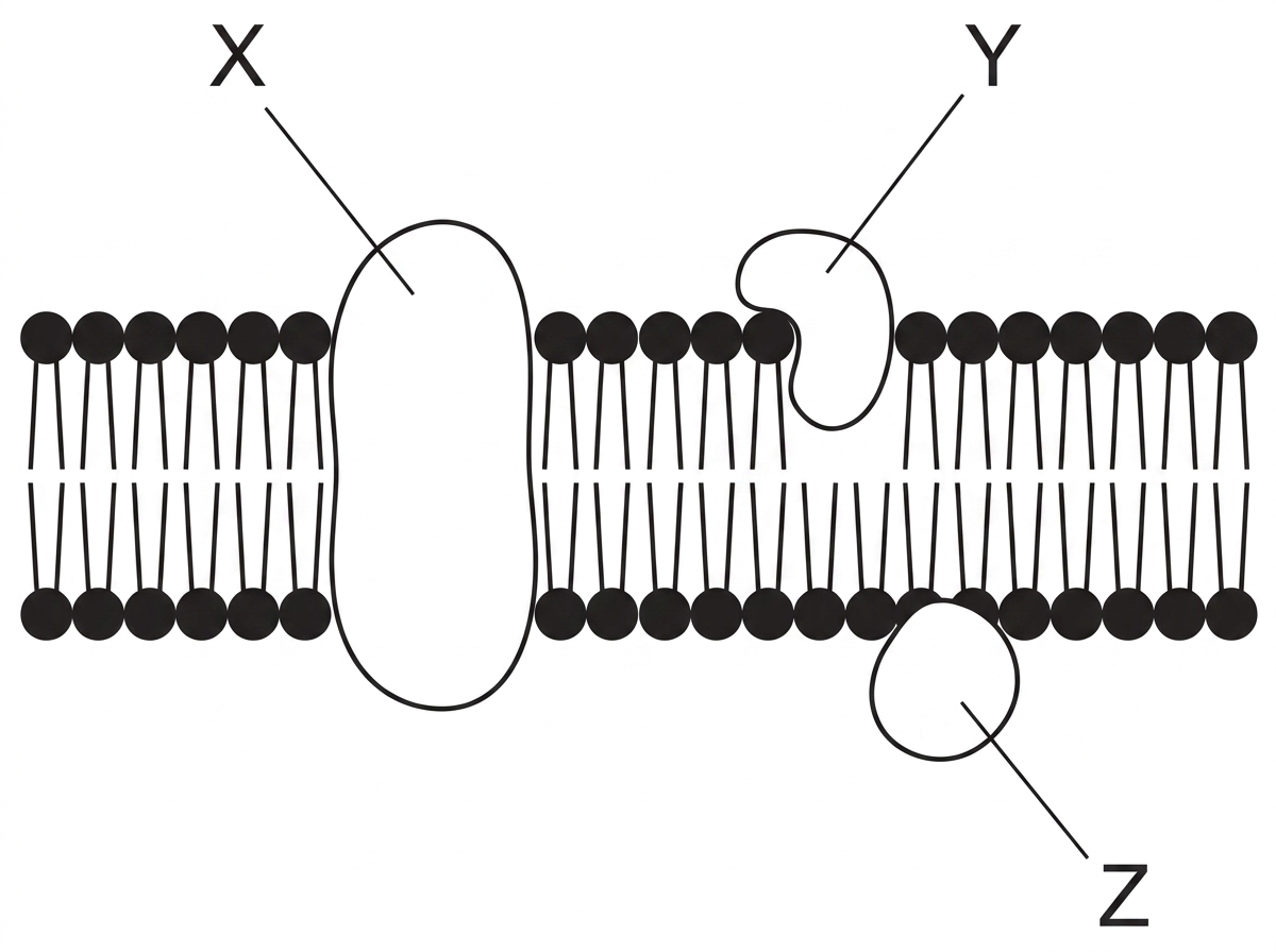 A simple fluid-mosaic membrane diagram with one protein spanning the bilayer, one protein embedded in one leaflet only, and one protein attached to the cytoplasmic surface; labels X, Y and Z must be included without naming the protein types.