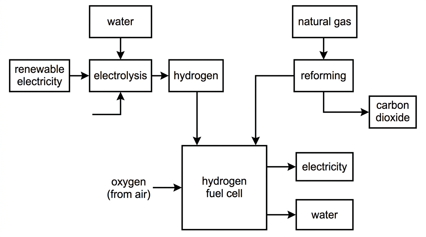 Two route comparison flowchart: renewable electricity driving electrolysis to hydrogen, and natural gas reforming to hydrogen with carbon dioxide formation. Both routes feed a hydrogen fuel cell producing electricity and water. No numerical efficiencies should be displayed.