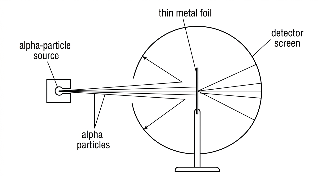 A simple apparatus diagram of alpha particles directed at a thin metal foil with a surrounding detector screen; show general paths including mostly straight paths and a few deflected paths, without adding explanatory labels about atomic structure.
