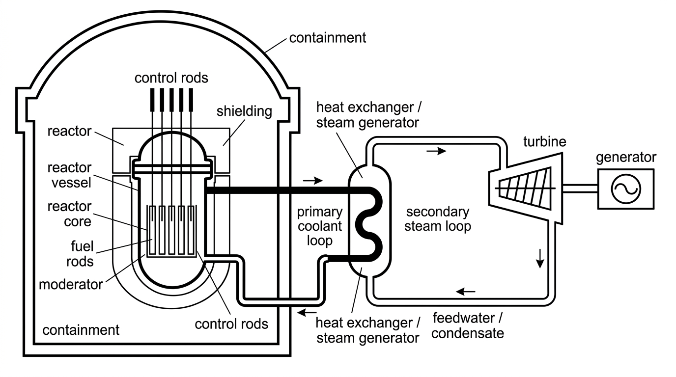 An annotated schematic of a pressurized-water reactor showing fuel rods in the core, moderator, movable control rods, primary coolant loop, heat exchanger, secondary steam loop, turbine, generator, shielding and containment.