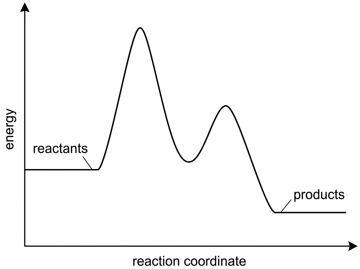 An energy profile diagram with vertical axis labelled energy and horizontal axis labelled reaction coordinate. The profile starts at reactants, rises to a first peak, falls to a valley, rises to a second peak and falls to products. The first peak is higher above the preceding species than the second peak is above the valley. The products are lower in energy than the reactants. The peaks and valley are not labelled in the stimulus.