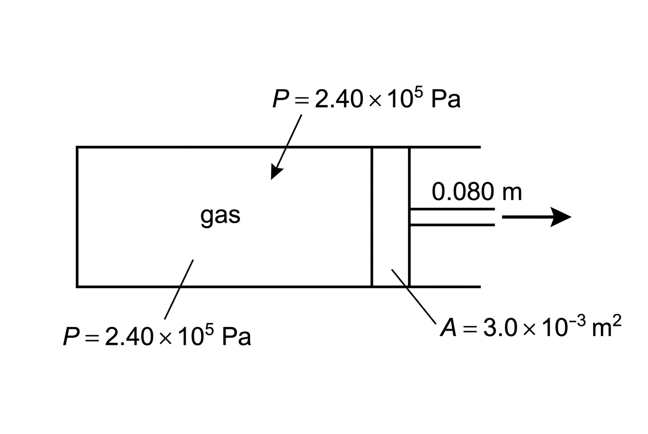 A simple side-view diagram of a cylinder with a movable piston. The gas is labelled inside the cylinder, the piston has cross-sectional area A, and a horizontal arrow shows the piston displacement outwards. The external labels identify pressure P, piston area A, and displacement without giving calculated work.