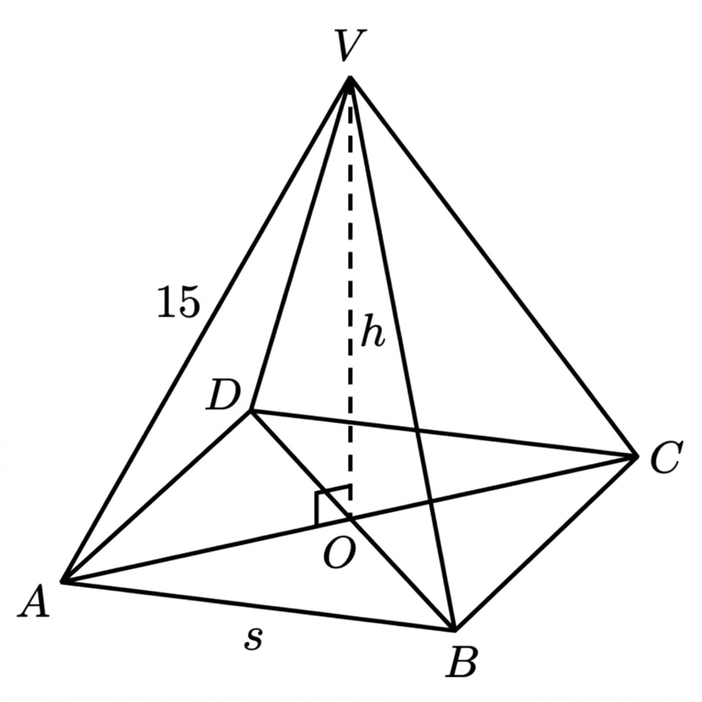 A right square-based pyramid showing base side s, vertical height h, fixed sloping edge length 15 and the projection of that edge from the base centre to a vertex.