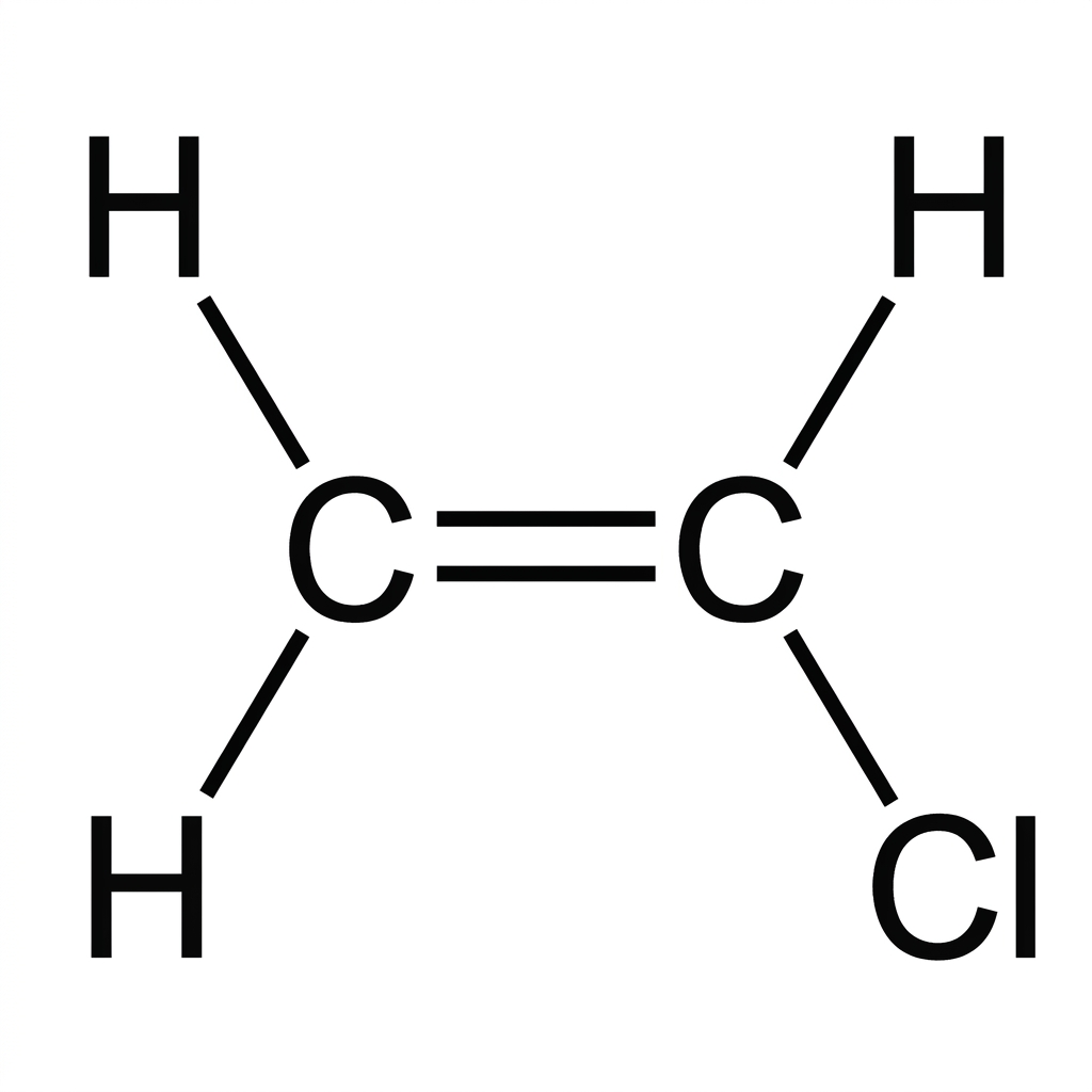 Displayed structural formula of chloroethene showing a carbon-carbon double bond, two hydrogens on one carbon, and hydrogen plus chlorine on the other carbon. No polymer repeating unit is shown.