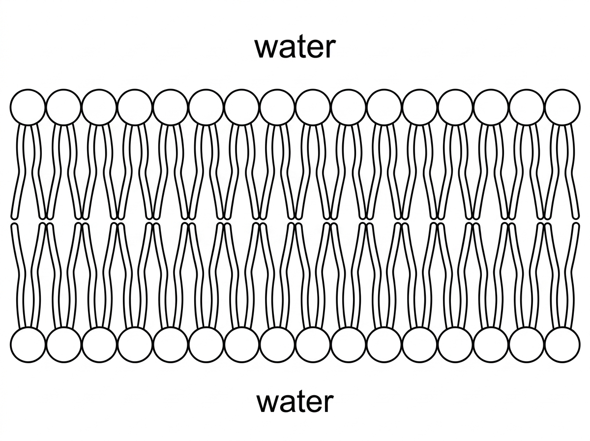 A cross-sectional diagram of a phospholipid bilayer in water. Individual phospholipids are drawn with circular head regions and two tail regions. Water is shown on both sides of the bilayer. The diagram does not label hydrophilic, hydrophobic or amphipathic regions.
