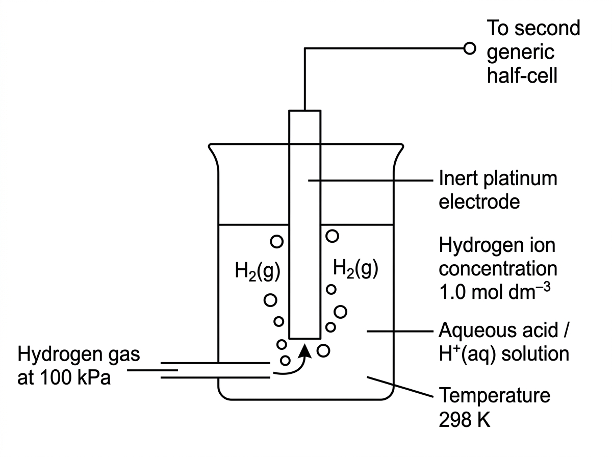 A labelled standard hydrogen electrode showing hydrogen gas bubbled over an inert platinum electrode immersed in an aqueous hydrogen ion solution, connected externally to another half-cell. Labels include gas inlet, platinum electrode, aqueous acid and external connection.