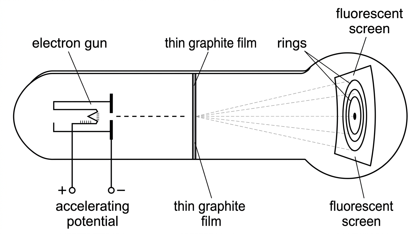 An electron diffraction tube schematic showing an electron gun, accelerating potential, thin graphite film and fluorescent screen with rings.