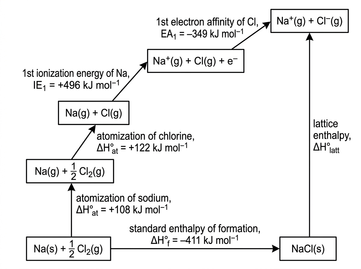 A Born-Haber cycle for sodium chloride. It shows Na(s) plus half Cl2(g) leading to NaCl(s) with the standard enthalpy of formation, and an alternative route through Na(g), Cl(g), Na+(g), Cl-(g), and gaseous ions. The lattice enthalpy arrow is from NaCl(s) to Na+(g) plus Cl-(g) and is labelled as unknown. The other arrows are labelled as atomization of sodium, atomization of chlorine, first ionization energy of sodium and first electron affinity of chlorine.