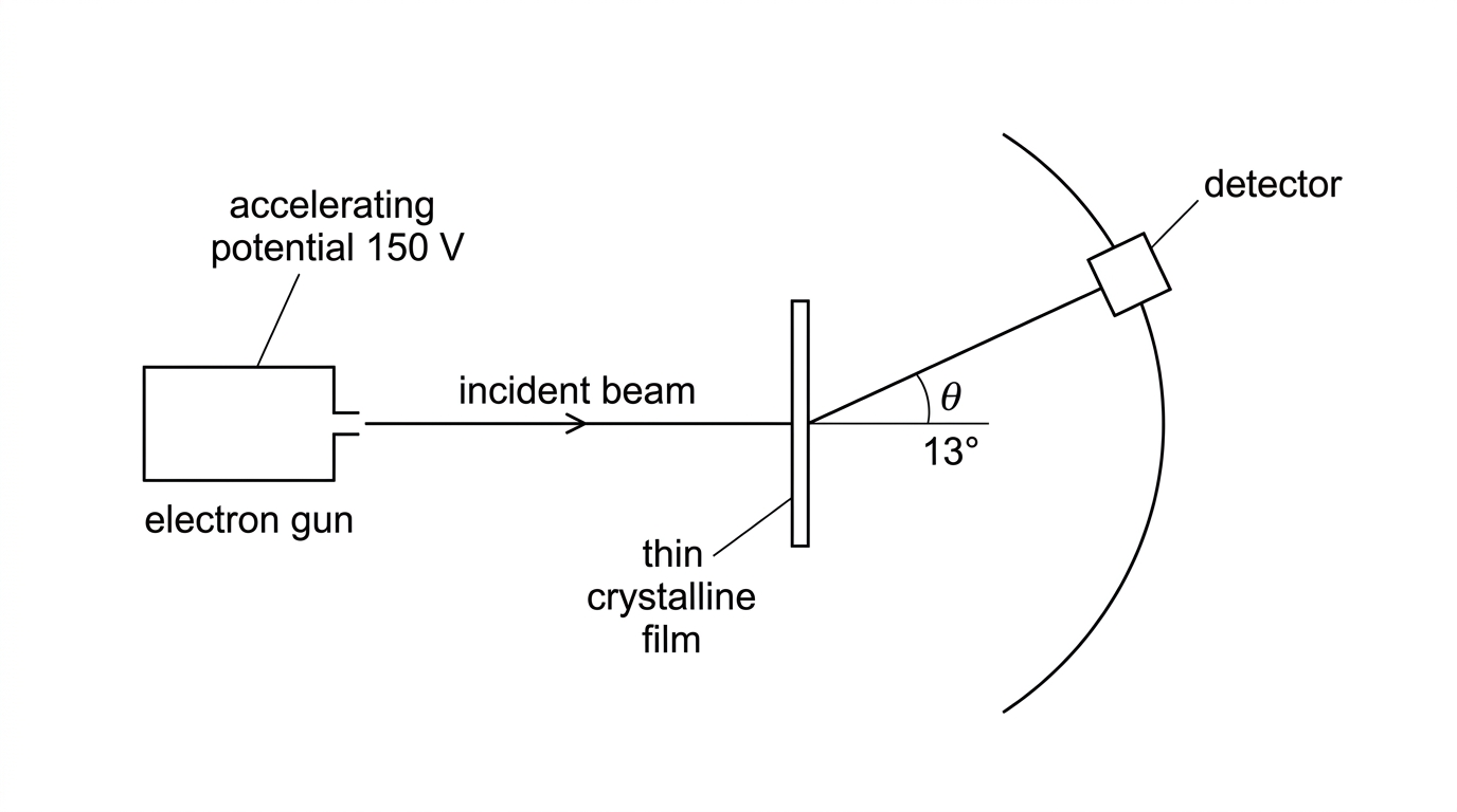 A scattering experiment with an electron gun on the left, a thin crystalline film at the centre and a movable detector on an arc to the right. The incident beam direction is horizontal and the scattering angle $\theta$ is marked from this direction to the detector. Labels include electron gun, accelerating potential, crystalline film, detector and $\theta$.