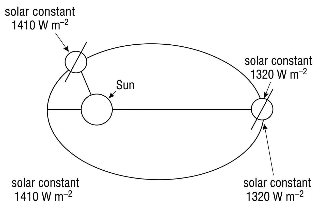 A not-to-scale elliptical orbit of Earth around the Sun. Mark two orbital positions with different distances from the Sun and label the larger and smaller solar constants. Also indicate the tilt of Earth's rotation axis qualitatively.