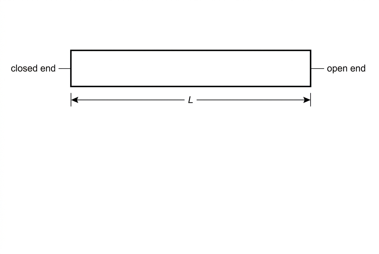 A straight horizontal pipe with the left end closed by a rigid wall and the right end open to air. The closed end is labelled closed end and the open end is labelled open end. The pipe length is labelled L. Blank space is provided below the pipe for sketching displacement standing-wave patterns.