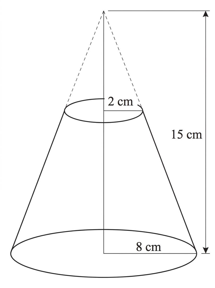 A right circular cone with a horizontal cut parallel to its base. The small cone at the top is removed, leaving a frustum. The original base radius, original height, and smaller top radius are labelled.