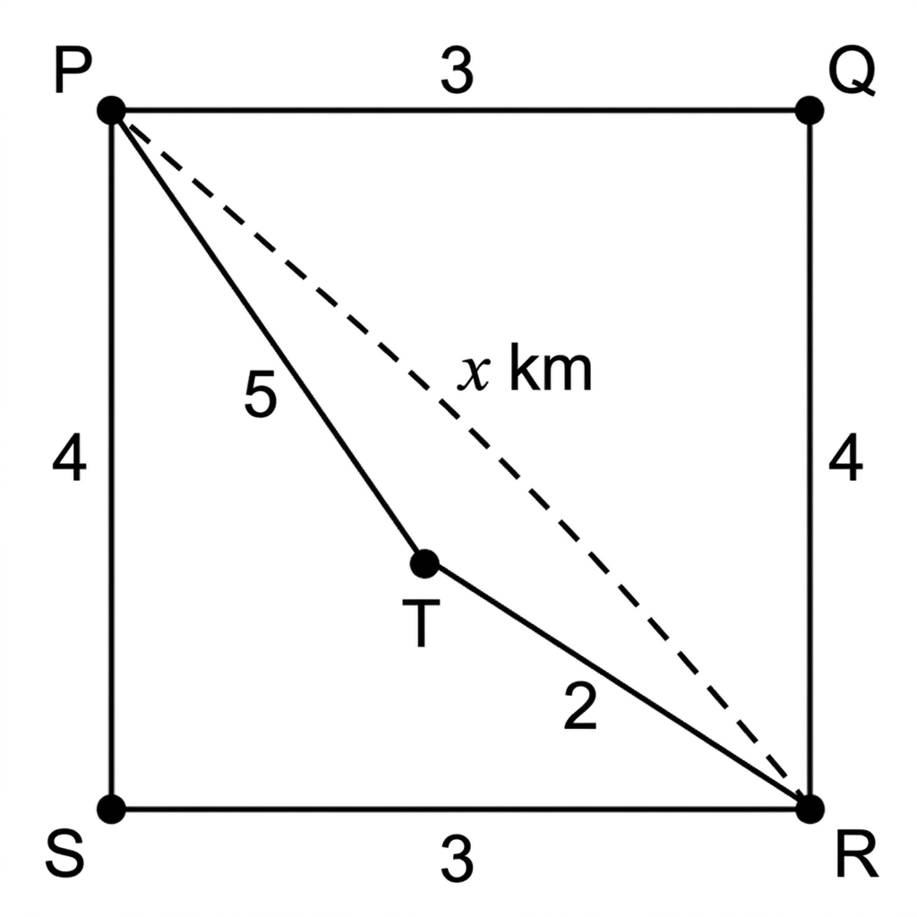 A weighted undirected snowplough network with five labelled junctions and a proposed dashed road from P to R labelled x kilometres.