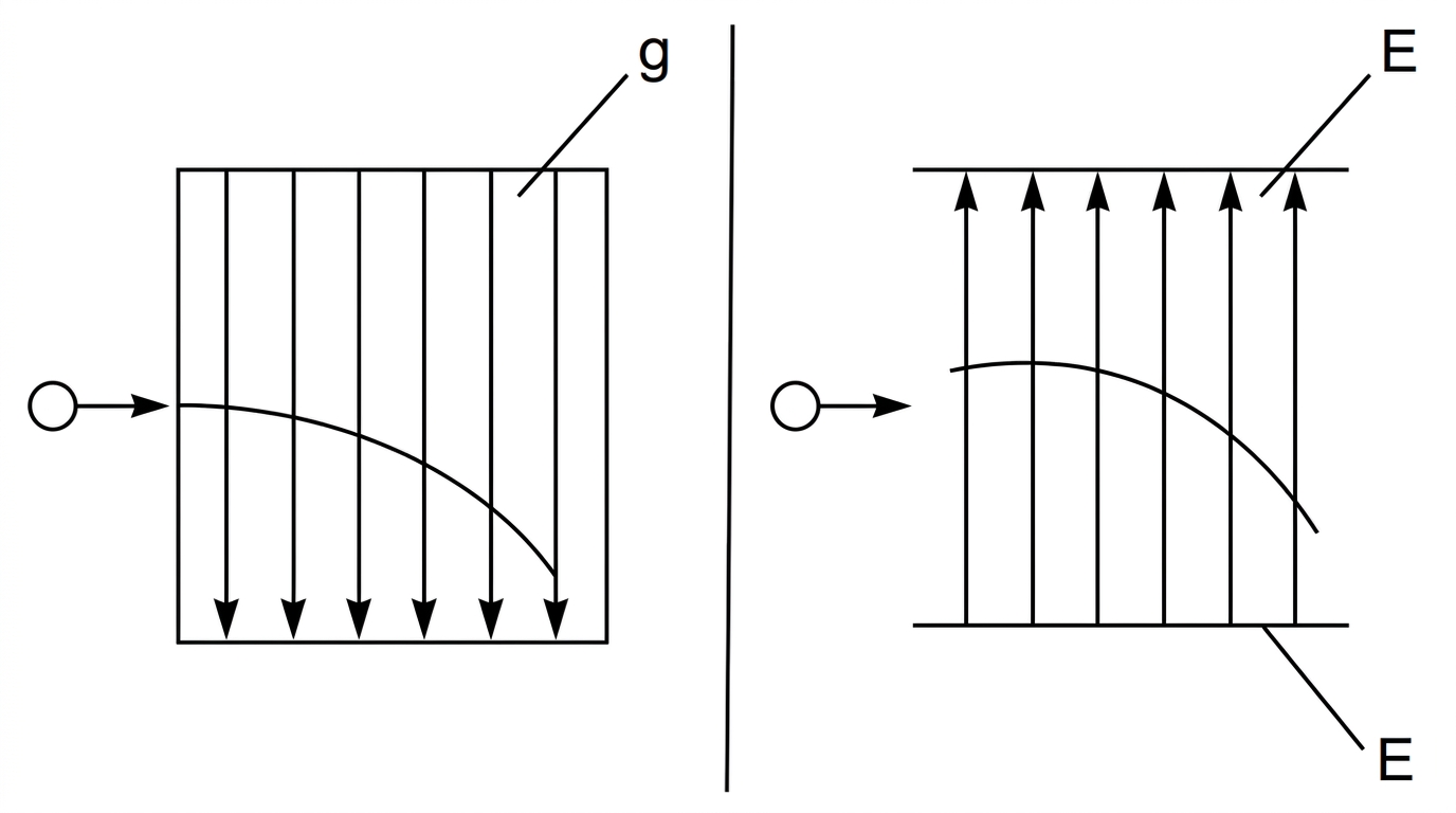 Two side-by-side schematic diagrams. The first shows a horizontally launched projectile entering a region with a uniform downward gravitational field. The second shows a negatively charged particle entering a region with a uniform upward electric field. Initial velocity arrows are horizontal in both diagrams. Curved paths are shown qualitatively without equations or numerical values.