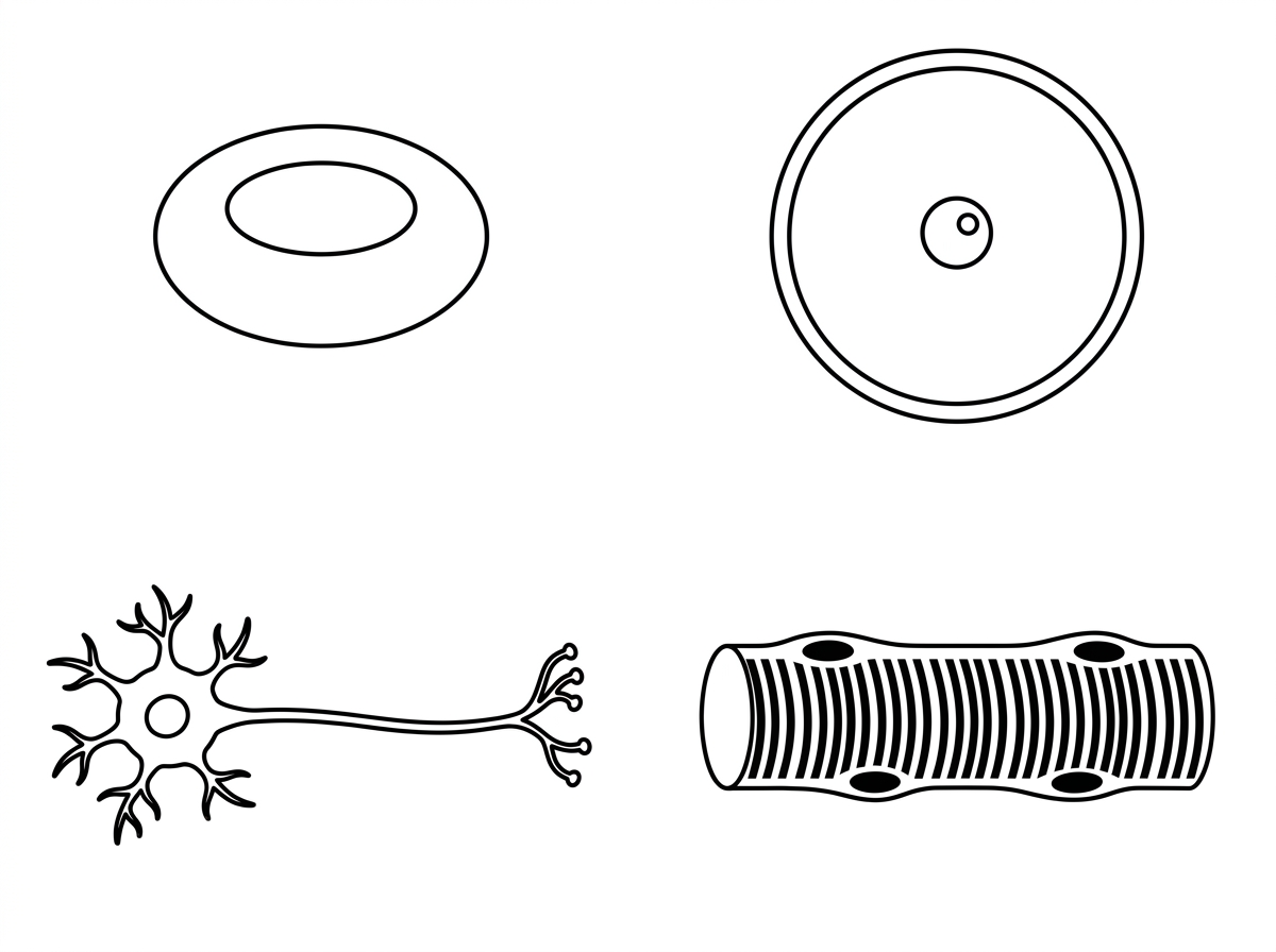 Four simplified, unlabeled drawings of specialized human cells: a small biconcave red blood cell, a very large spherical egg cell with abundant cytoplasm, a neuron with a long axon, and a long striated skeletal muscle fibre. The drawings should show their distinctive shapes but not include explanatory labels about function.