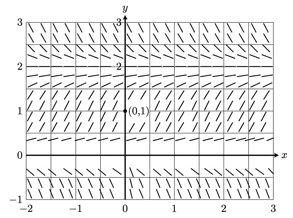 A slope field on a rectangular coordinate grid for the stated differential equation. It must show horizontal bands of equal slope, including horizontal segments along the two equilibrium levels, and sufficient space to sketch a solution through the point $(0,1)$. No solution curve is included.