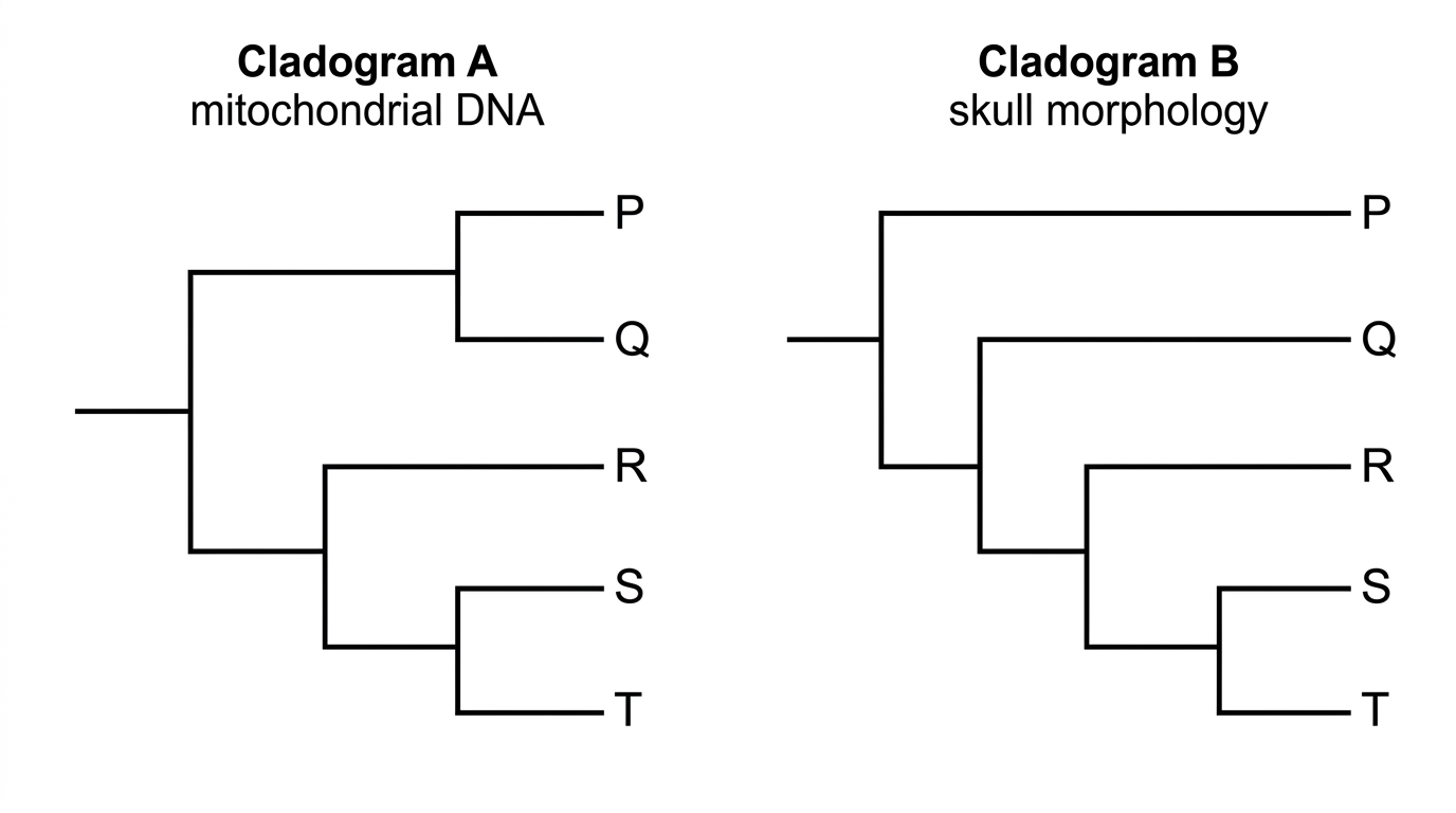 Two rooted cladograms for reptile taxa P–T; both show S and T as sister taxa, but the placement of P differs between the DNA-based and morphology-based trees.