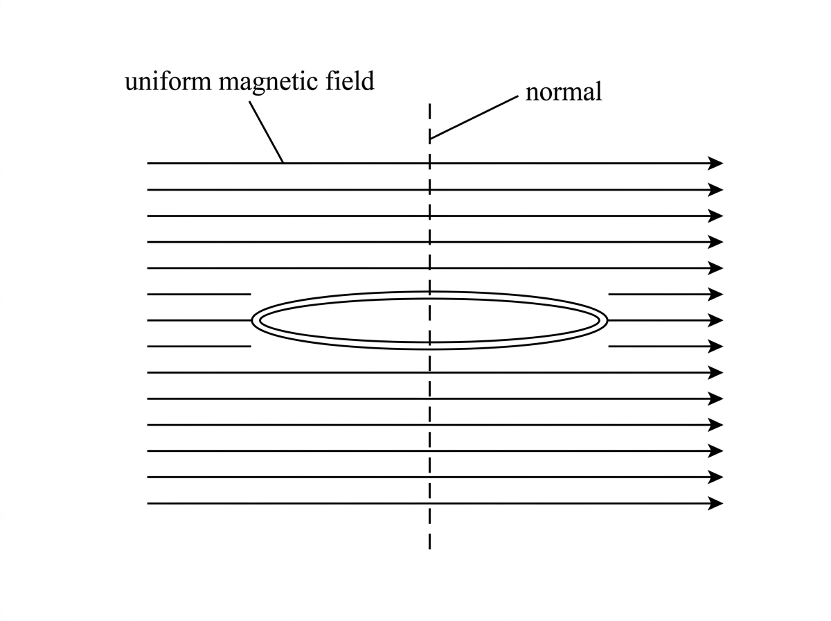 A simple diagram of a flat circular conducting loop in a uniform magnetic field. Show parallel straight magnetic field lines and the loop with its plane parallel to the field lines. Include a dashed normal to the plane of the loop drawn perpendicular to the plane and therefore perpendicular to the field lines, labelled as the normal. Do not indicate the value of the flux.