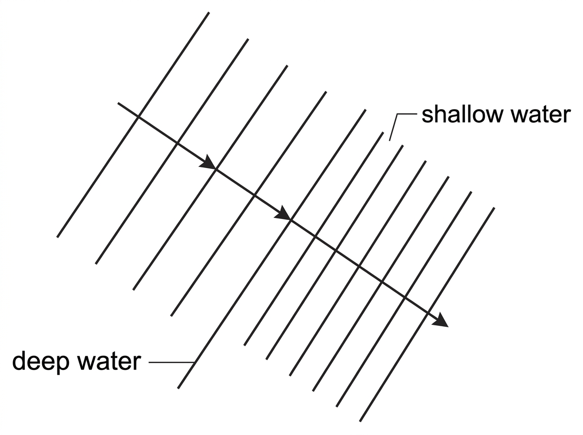 Ray and wavefront diagram showing plane waves approaching an oblique boundary between labelled deep and shallow water; wavefront spacing changes after the boundary but values are not shown.