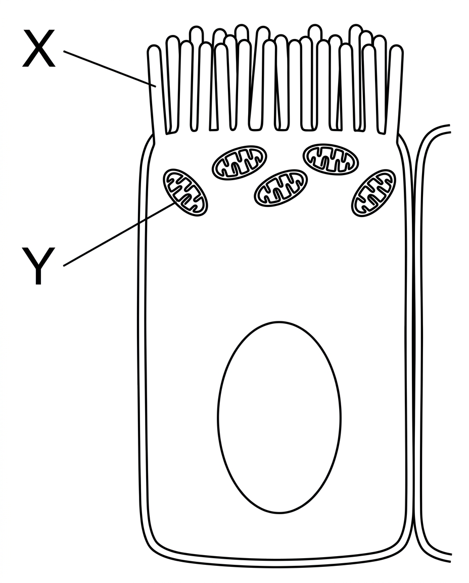 An electron micrograph-style diagram of an animal epithelial cell with a brush border of microvilli labelled X and mitochondria labelled Y near the apical cytoplasm; plasma membrane, nucleus and cytoplasm visible but not labelled as answers.