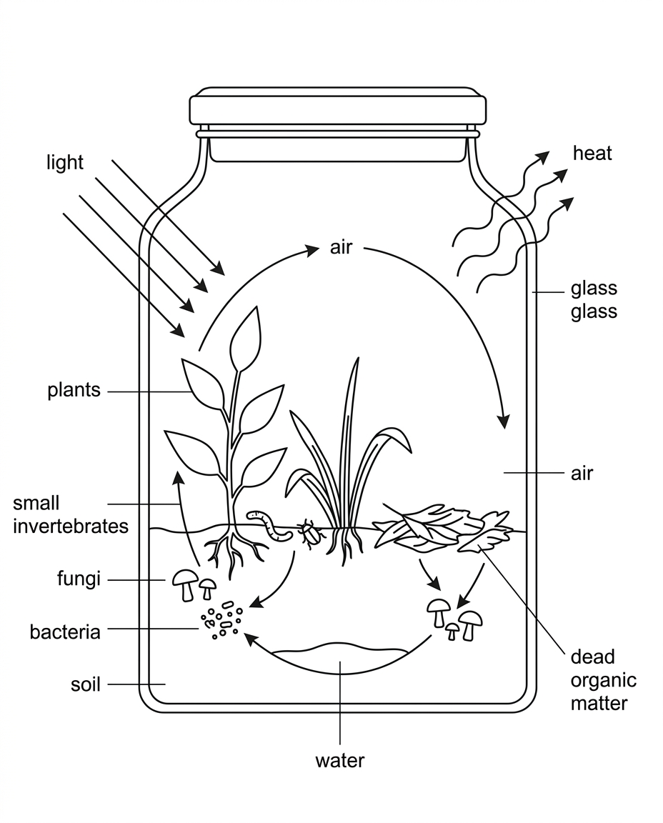 A closed glass terrarium with plants, small invertebrates, soil and moisture inside. Light arrows enter through the glass and heat arrows leave. No arrows for matter cross the glass boundary. Internal arrows suggest cycling among organisms, dead organic matter, soil and air without labelling the expected processes.