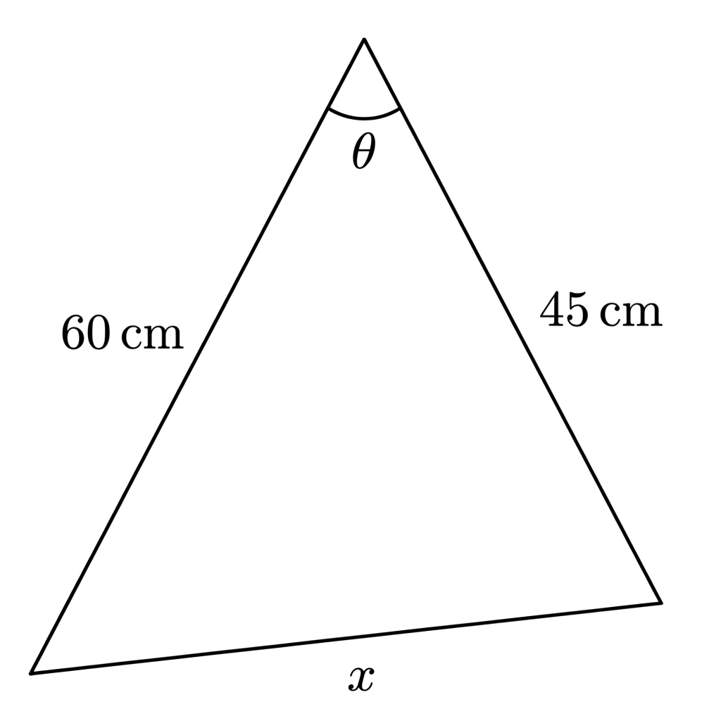 A non-right triangle representing a sail, with two sides from one vertex labelled 60 cm and 45 cm, included angle theta, and the third side labelled x.