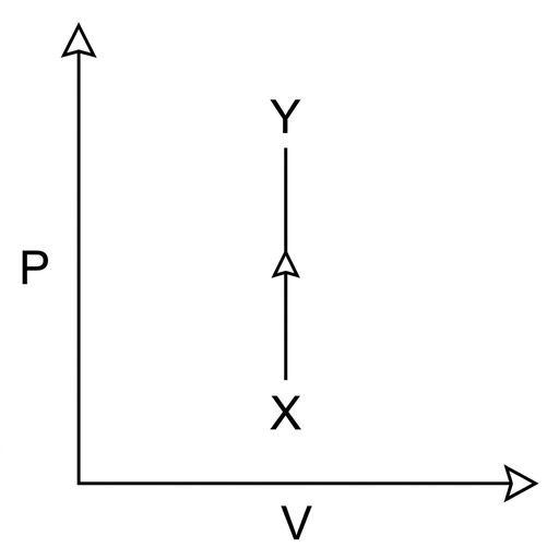 A pressure-volume graph with vertical axis labelled P and horizontal axis labelled V. State X and state Y are joined by a vertical straight line with no change in volume. The pressure changes between the two states.