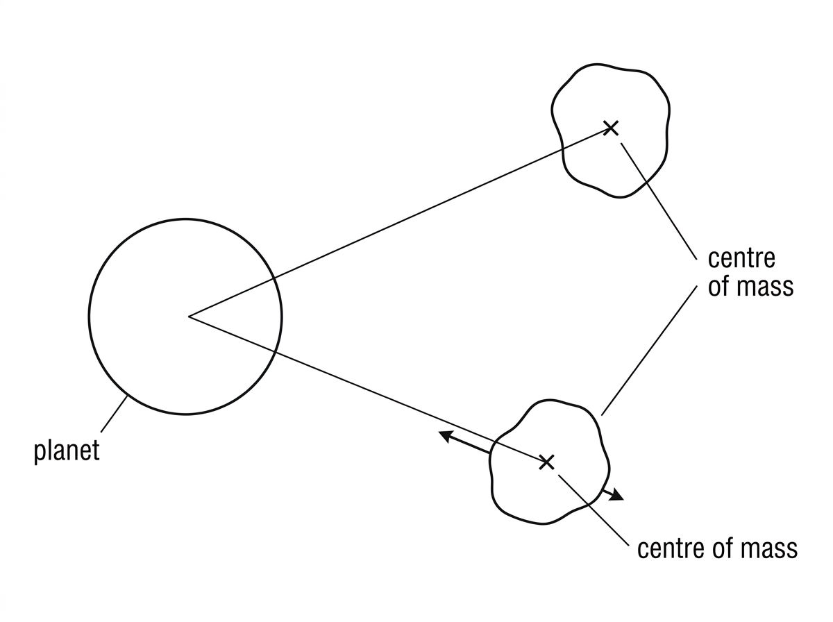 Annotated diagram showing an irregular asteroid with labelled centre of mass near a spherical planet. One position has the asteroid far from the planet compared with its size; another has it much closer, with arrows indicating a stronger field at the near side than the far side.