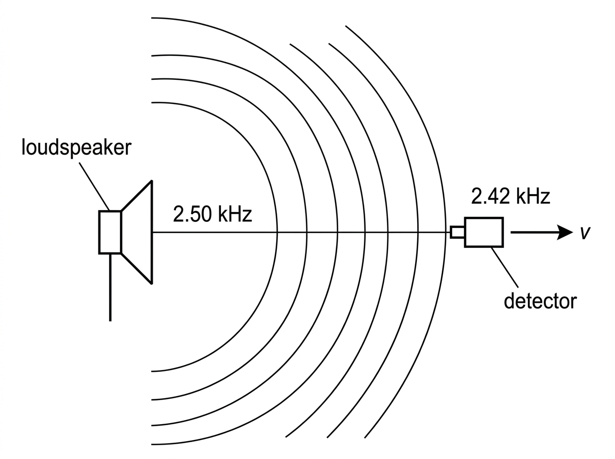 A stationary loudspeaker on the left produces evenly spaced circular wavefronts. A detector on the right moves away from the loudspeaker, with an arrow showing its motion. The line between source and detector is horizontal.