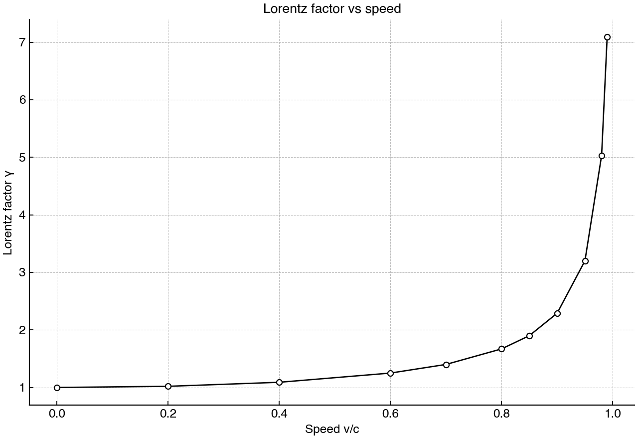 Lorentz factor as a function of speed expressed as a fraction of c.