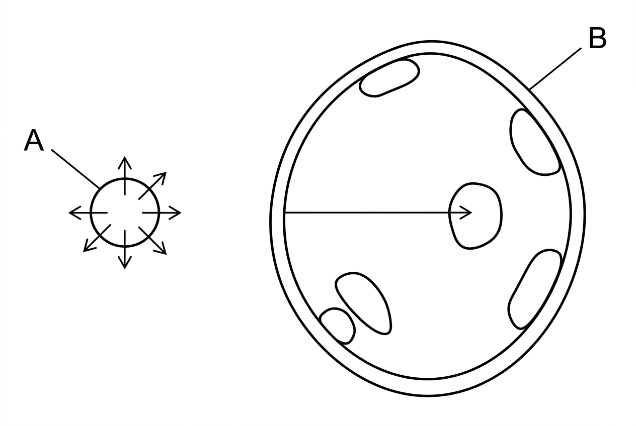 A simple comparative diagram of two aquatic invertebrates: a very small approximately spherical organism labelled A and a larger multicellular organism labelled B. Include arrows showing diffusion across the external surface of A and a longer distance from the exterior to internal cells in B. Do not include any numerical values or annotations that state the answer.