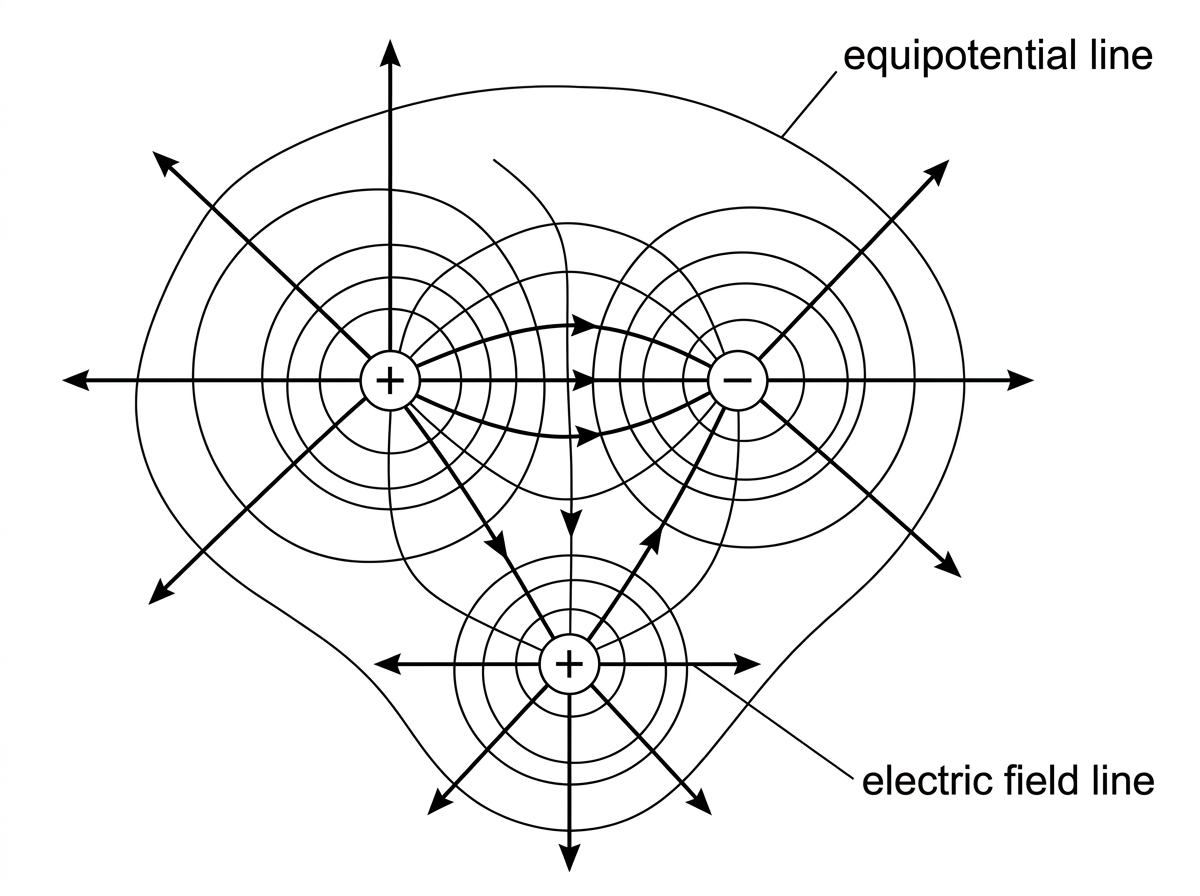 Combined schematic of several point charges with both equipotential curves and field-line directions partly shown, including a region of close equipotential spacing.