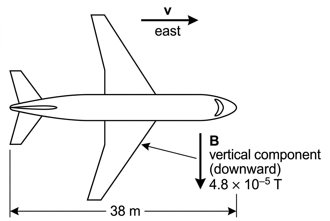 Top-view or perspective sketch of an aircraft flying due east. A velocity arrow points east. A downward magnetic field component is indicated by symbols or an arrow into the ground. The $38\ \text{m}$ dimension spans the two wingtips. The diagram should show the two wingtips but not indicate which is at higher potential.